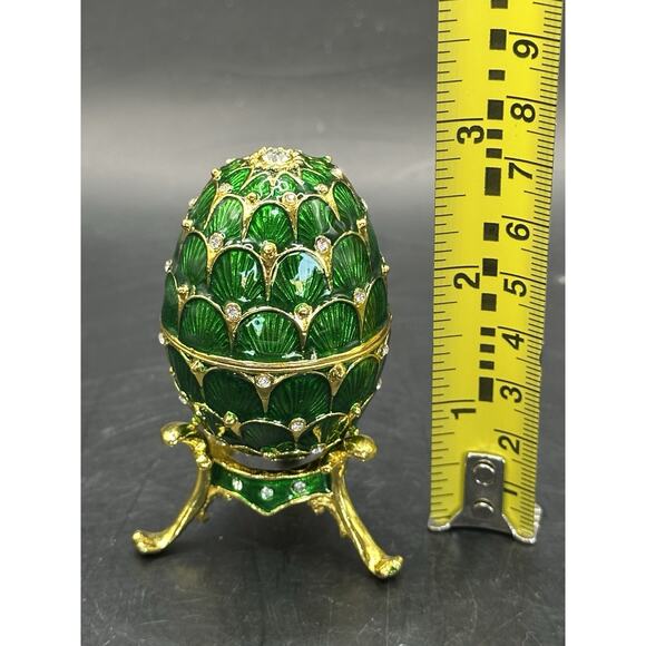 ZANZIBAR Jeweled Russian Style Green Enameled Egg With Stand Trinket Box 3 inch - Picture 4 of 9